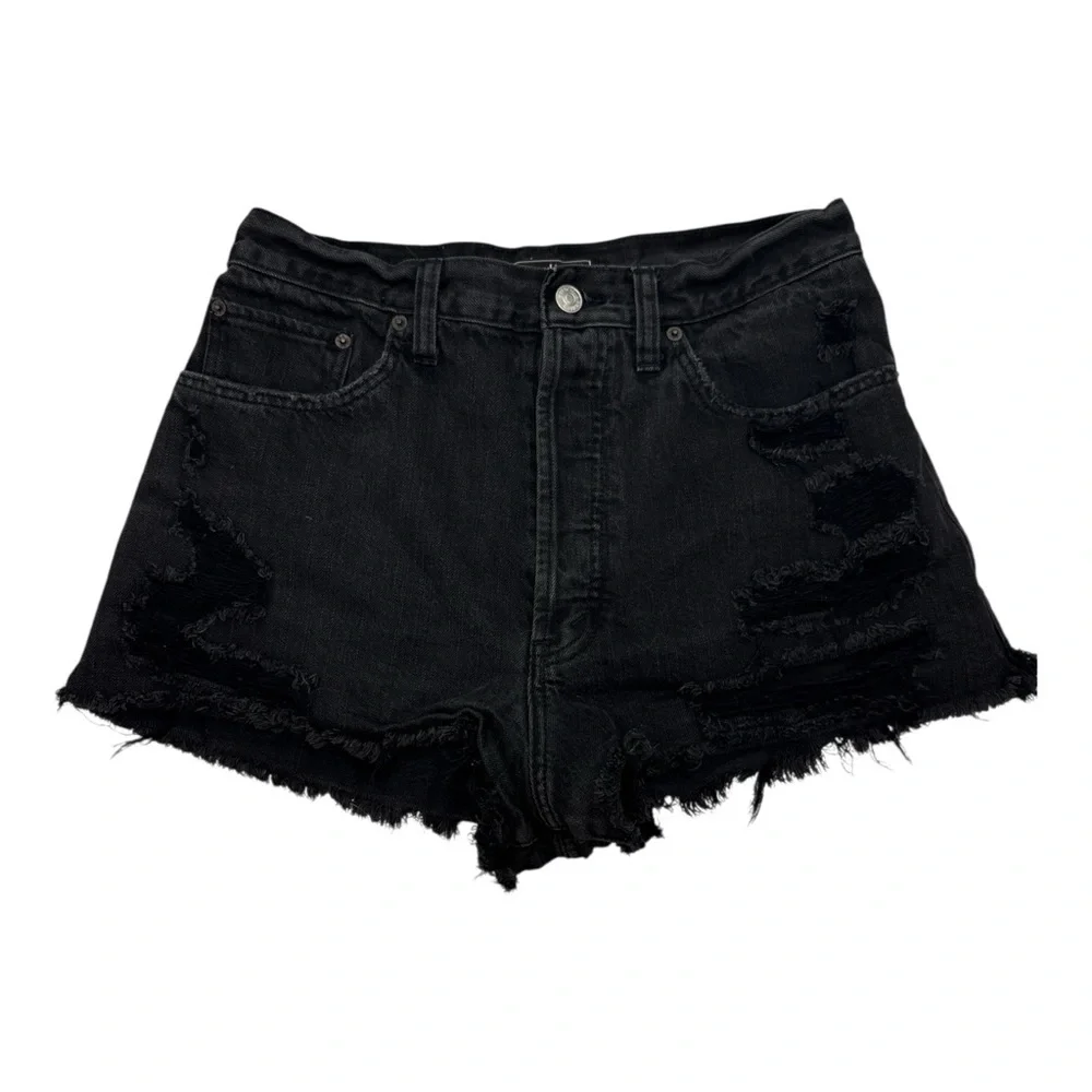 Abercrombie & Fitch High Waist Distressed Black Denim Short Sz 28